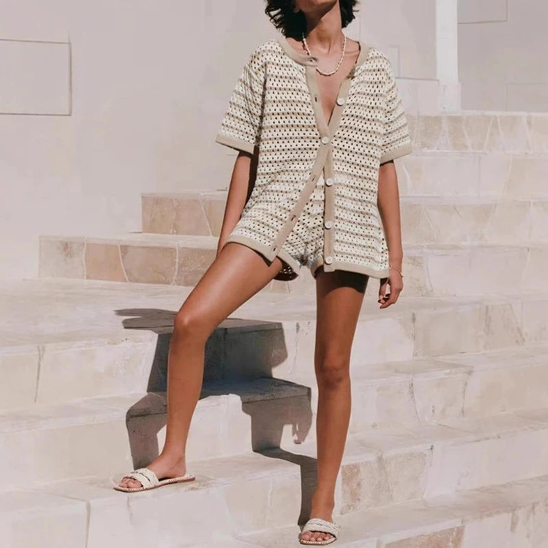 Sola Knitted Co Ord Set | Lightweight Knit, Striped Cardigan & Shorts 4