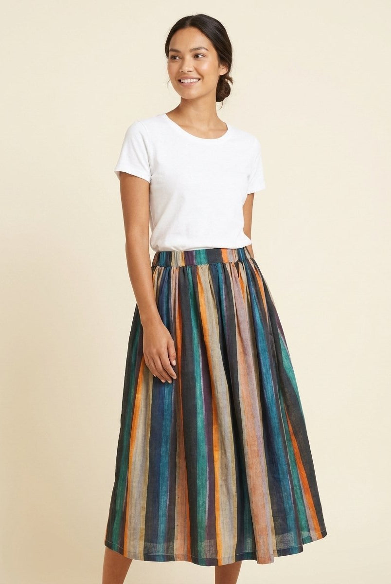 Sora A-Line Skirt | Striped Retro Print, Linen Blend 0