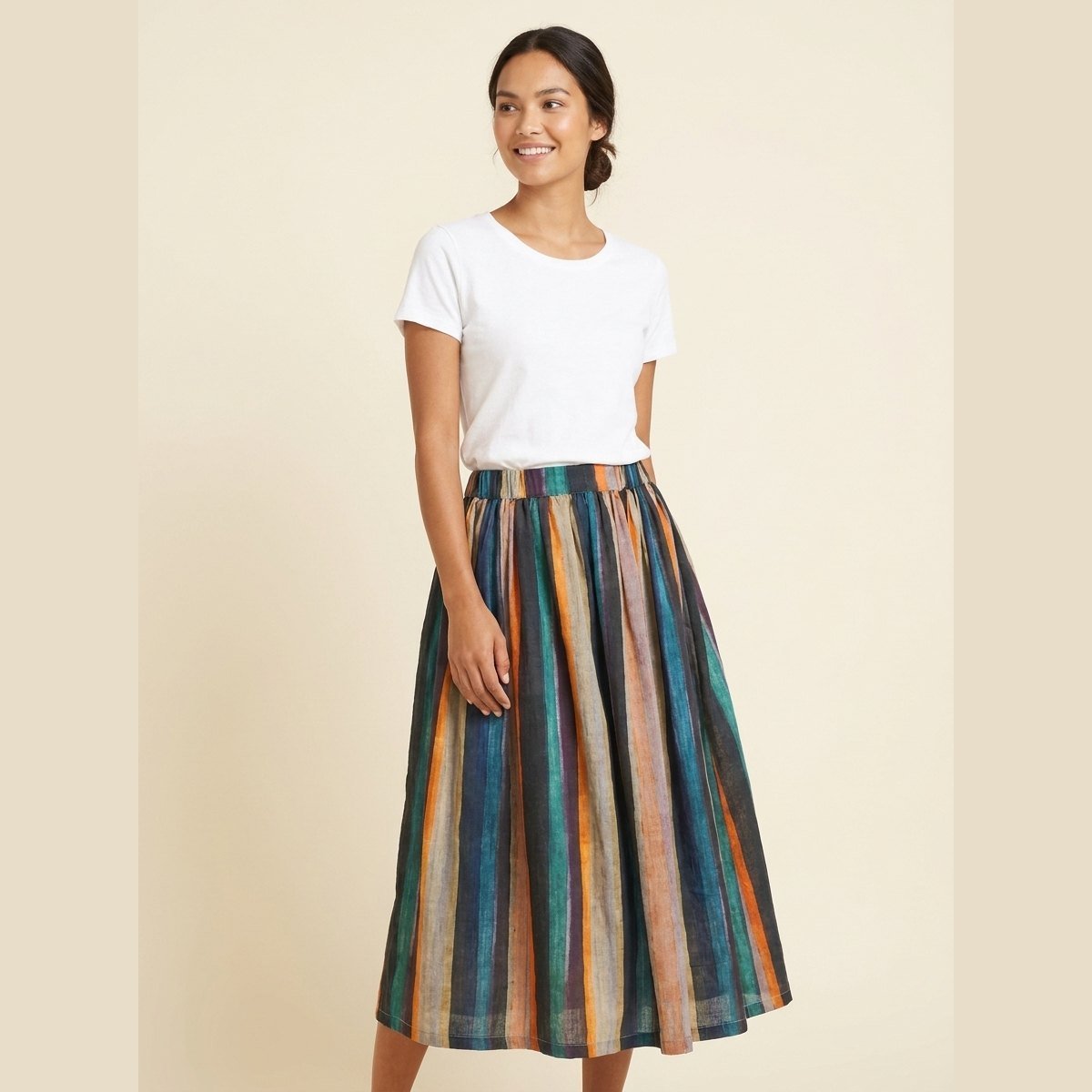 Sora A-Line Skirt | Striped Retro Print, Linen Blend 0
