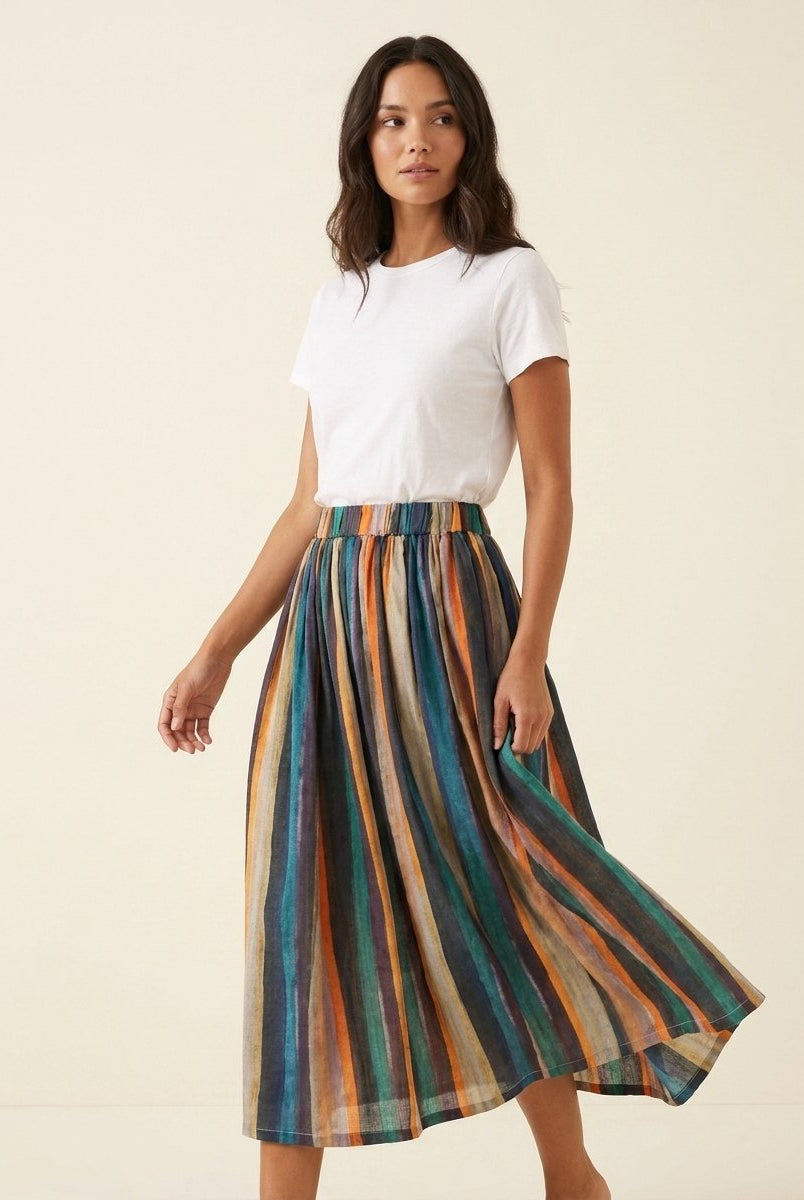 Sora A-Line Skirt | Striped Retro Print, Linen Blend 1