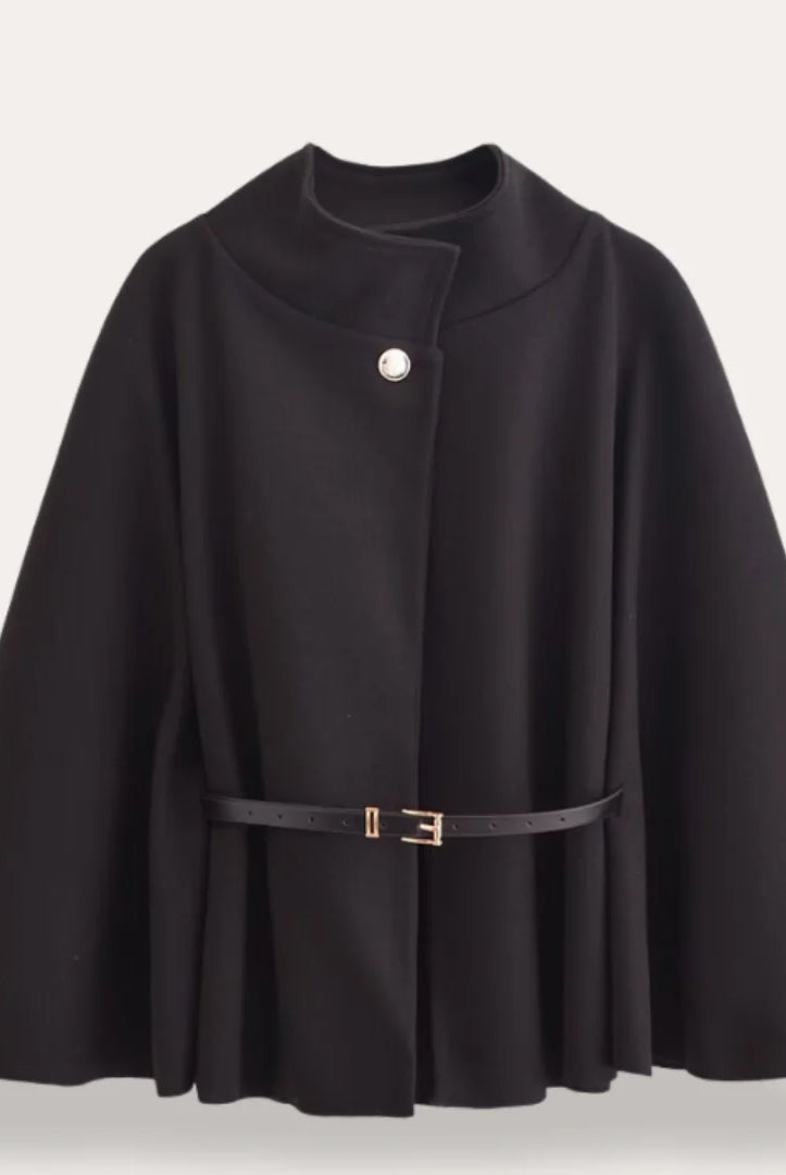 Talia Cape Coat | Black Wool Blend, Classic Draped Design for Women 0