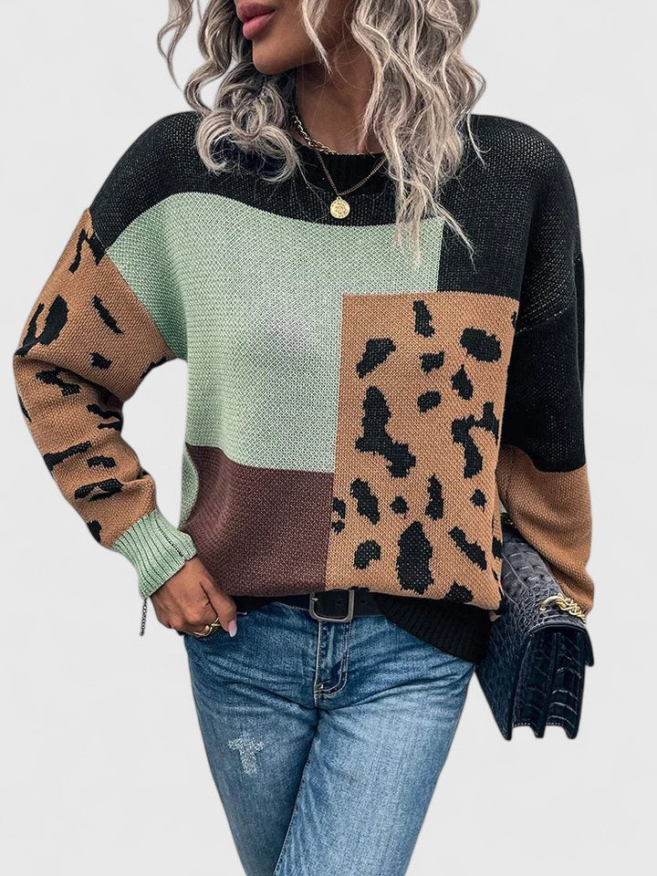 Talia Knit Sweater | Leopard Patchwork, Loose Fit for Women 0