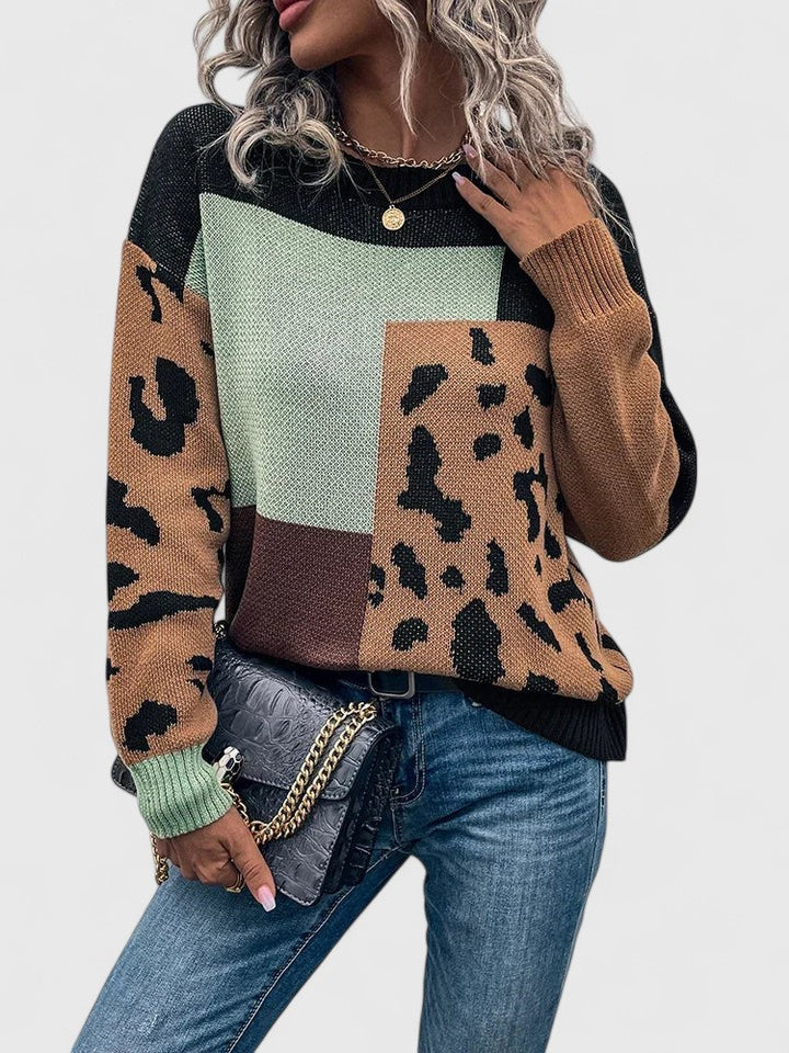 Talia Knit Sweater | Leopard Patchwork, Loose Fit for Women 4