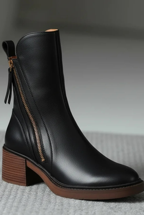 Vera Block Heel Boots | Faux Leather, Round Toe, Black 0