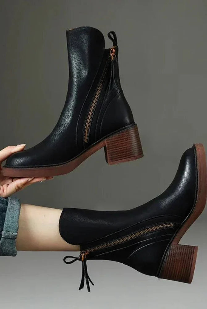 Vera Block Heel Boots | Faux Leather, Round Toe, Black 1