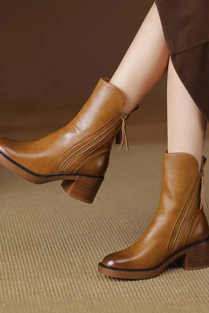 Vera Block Heel Boots | Faux Leather, Round Toe, Black 2