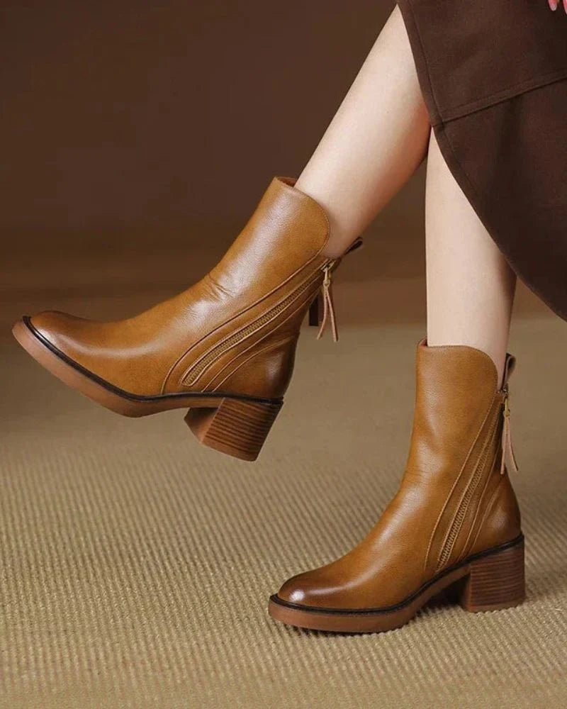 Vera Block Heel Boots | Faux Leather, Round Toe, Black 2
