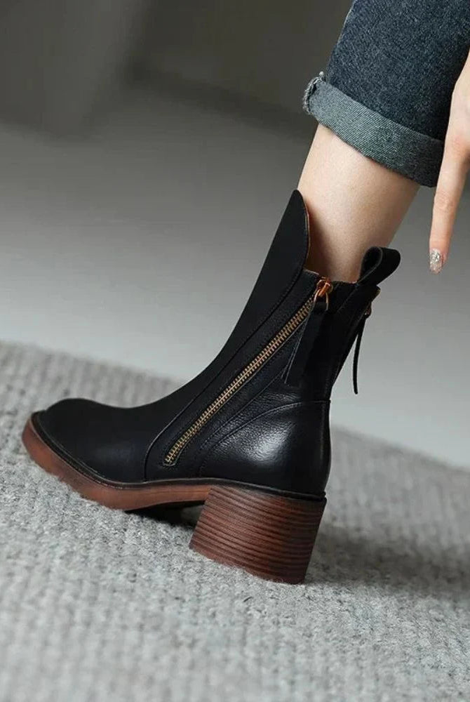 Vera Block Heel Boots | Faux Leather, Round Toe, Black 3