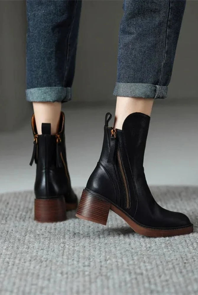 Vera Block Heel Boots | Faux Leather, Round Toe, Black 4