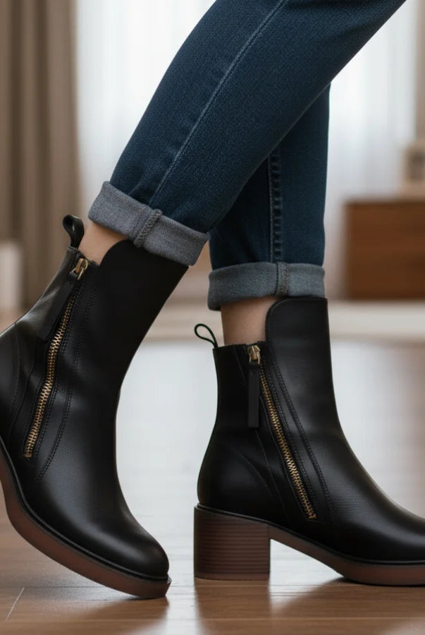 Vera Block Heel Boots | Faux Leather, Round Toe, Black 5
