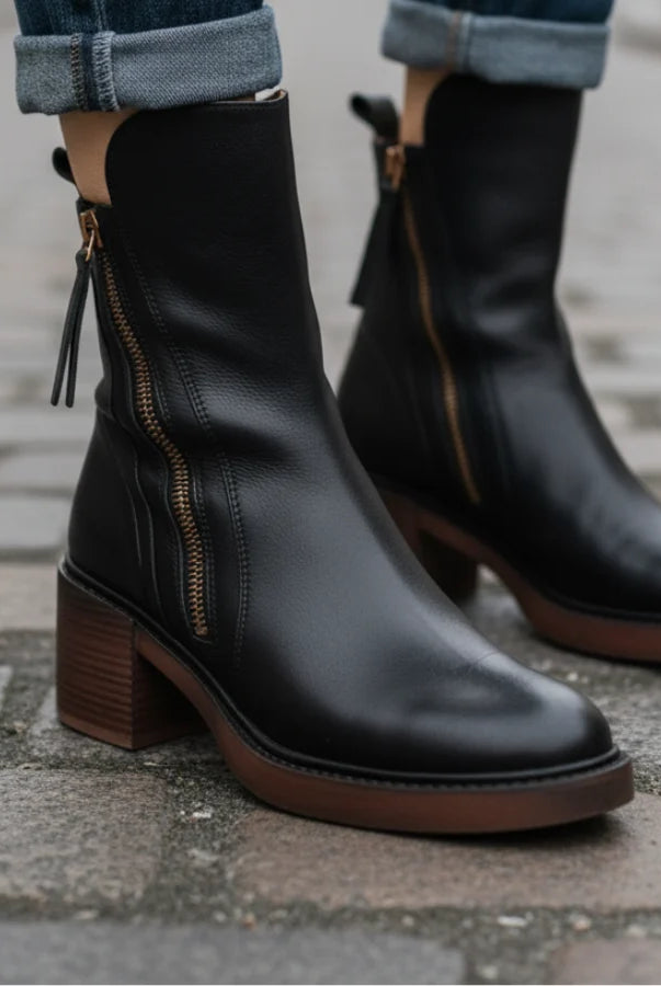 Vera Block Heel Boots | Faux Leather, Round Toe, Black 7