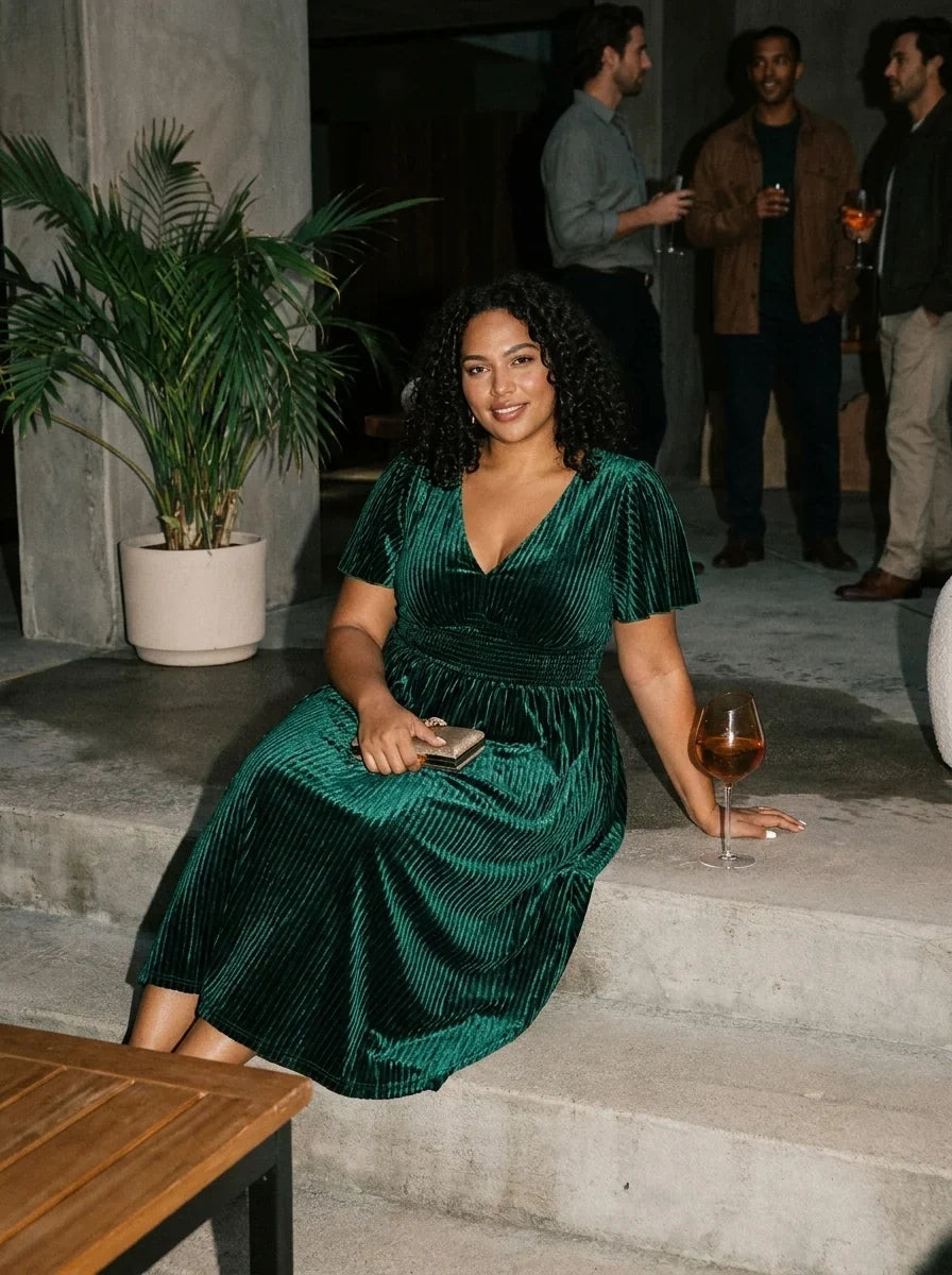 Vera Velvet Dress | Plus Size A-Line Cocktail Dress, Tea-Length, V-Neck 7