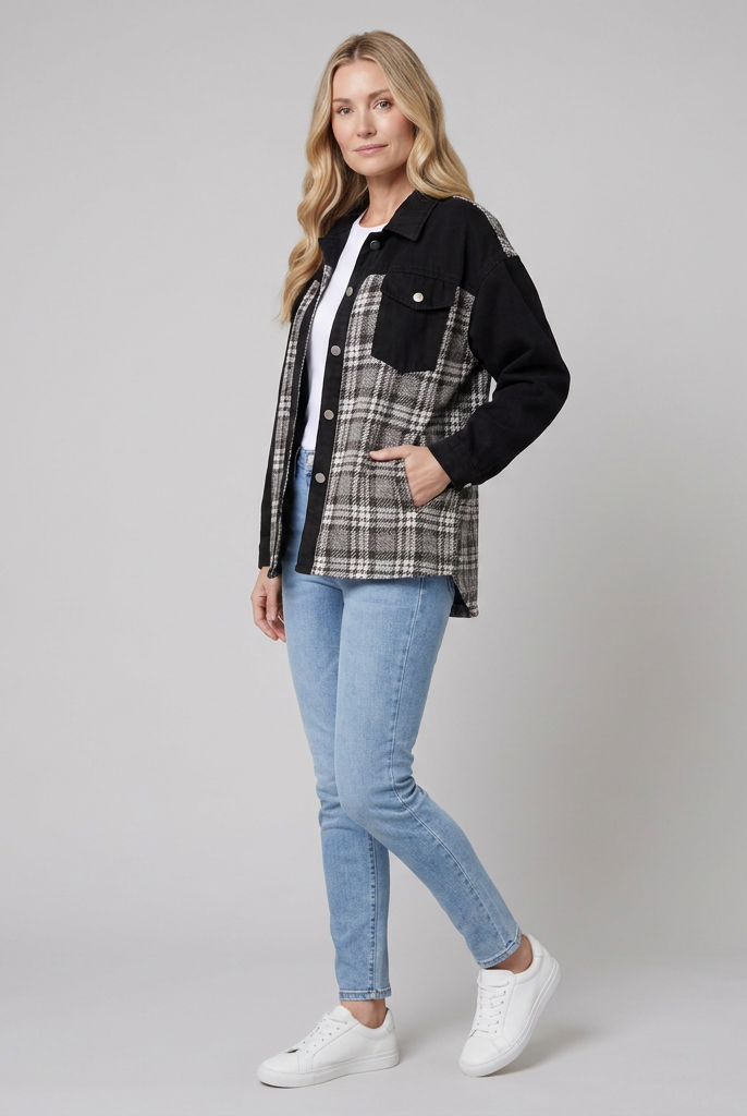 Viora Denim Jacket | Long Sleeve with Plaid Detail for Women 1
