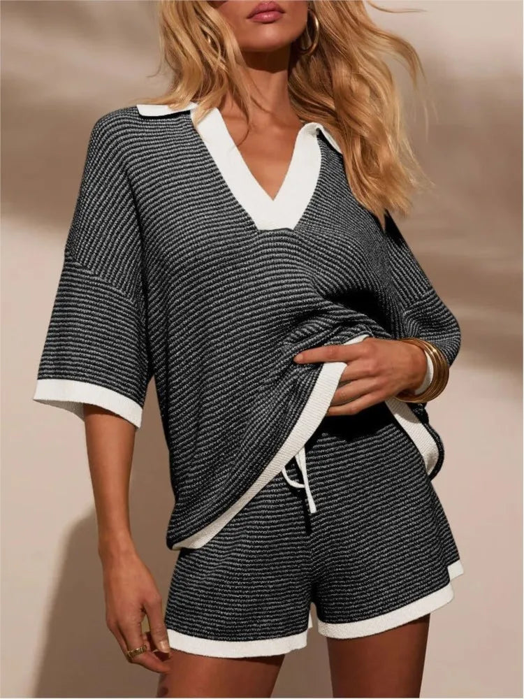Wina Knit Set | Soft V-Neck Top and Casual Shorts, Relaxed Fit 4