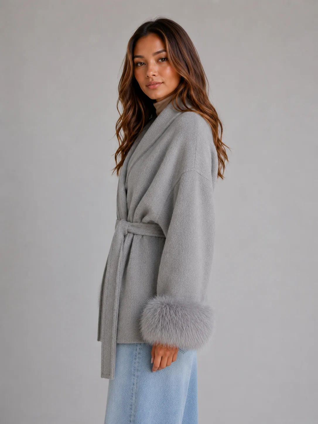 Women's Belted Wool-Blend Wrap Coat with Faux Fur Trim 2