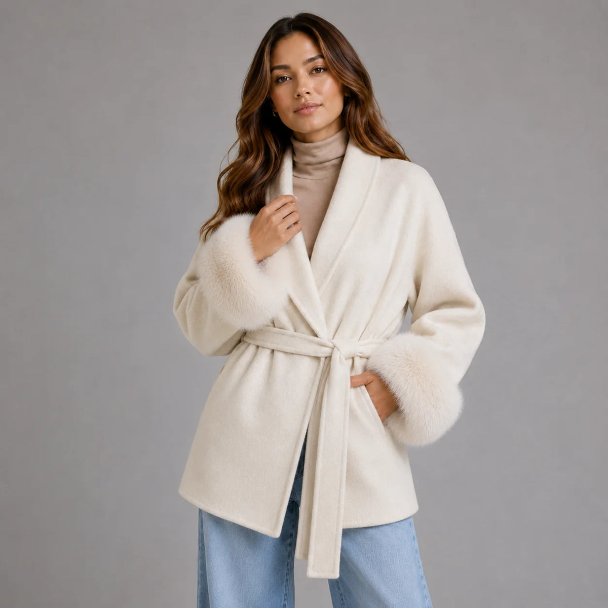 Women's Belted Wool-Blend Wrap Coat with Faux Fur Trim 3