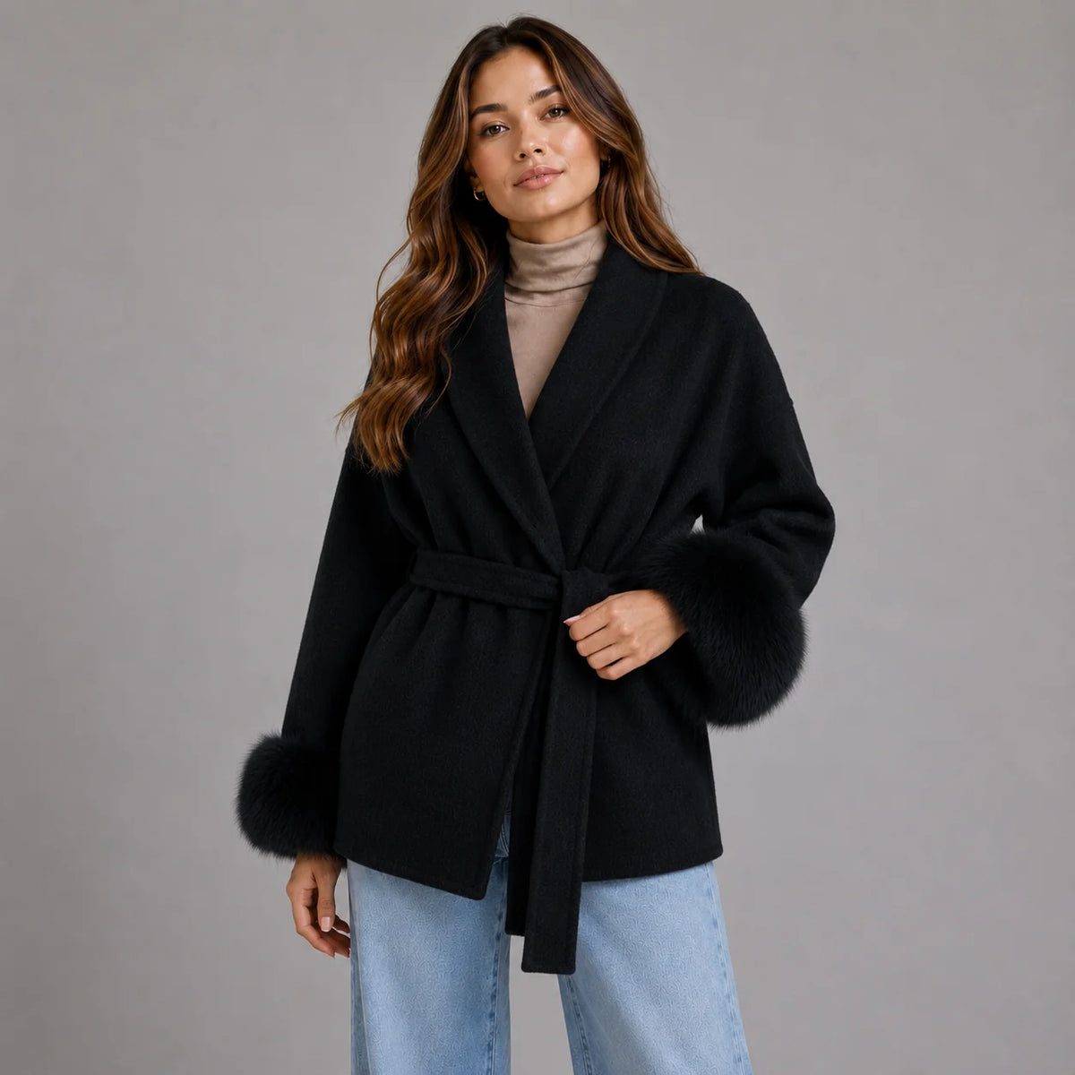 Women's Belted Wool-Blend Wrap Coat with Faux Fur Trim 5