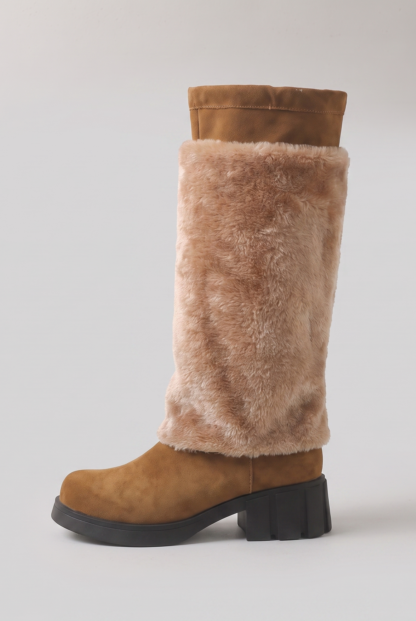 Alpi faux fur mid-calf boot in brown, side view, fur cuff pulled up