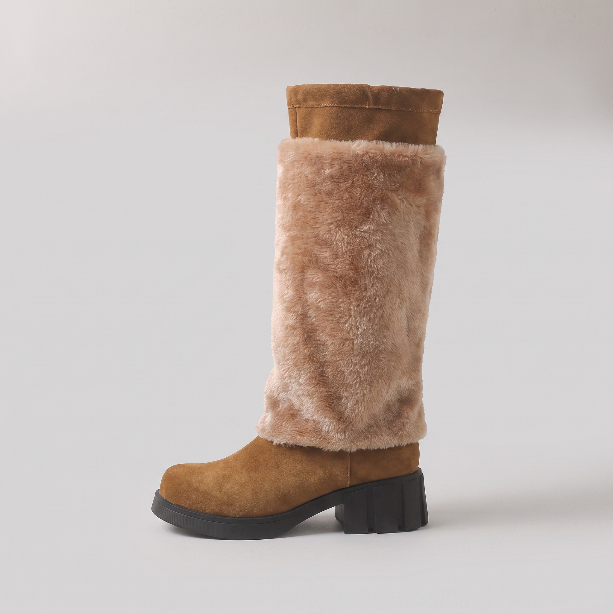 Alpi faux fur mid-calf boot in brown, side view, fur cuff pulled up