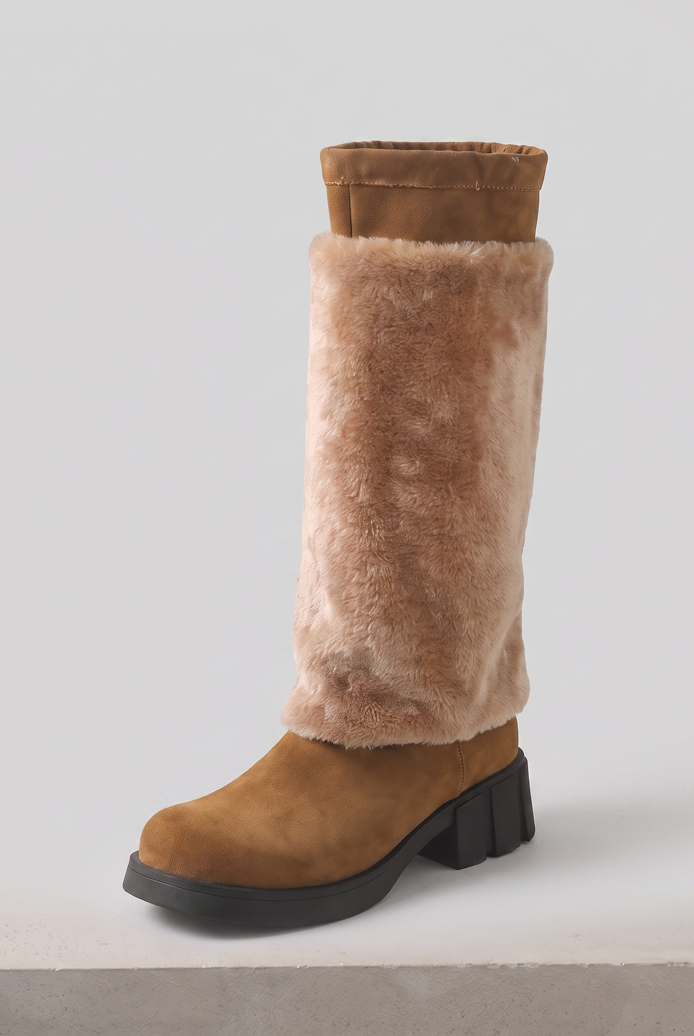 Alpi faux fur chunky heel mid-calf boot in brown, fur cuff pulled up