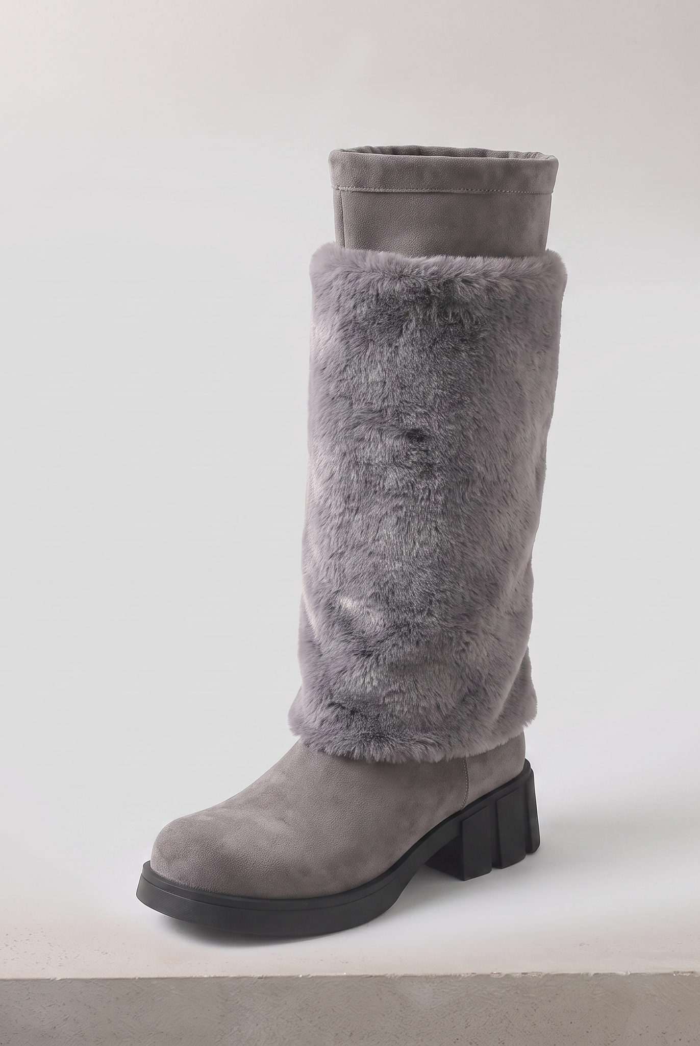 Alpi faux fur chunky heel mid-calf boot in grey, fur cuff pulled up
