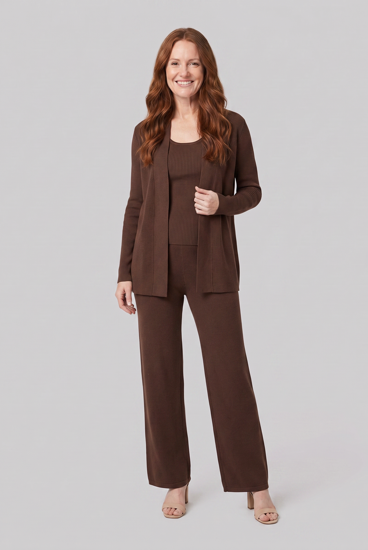Anouk three-piece ribbed knit lounge set in brown on model