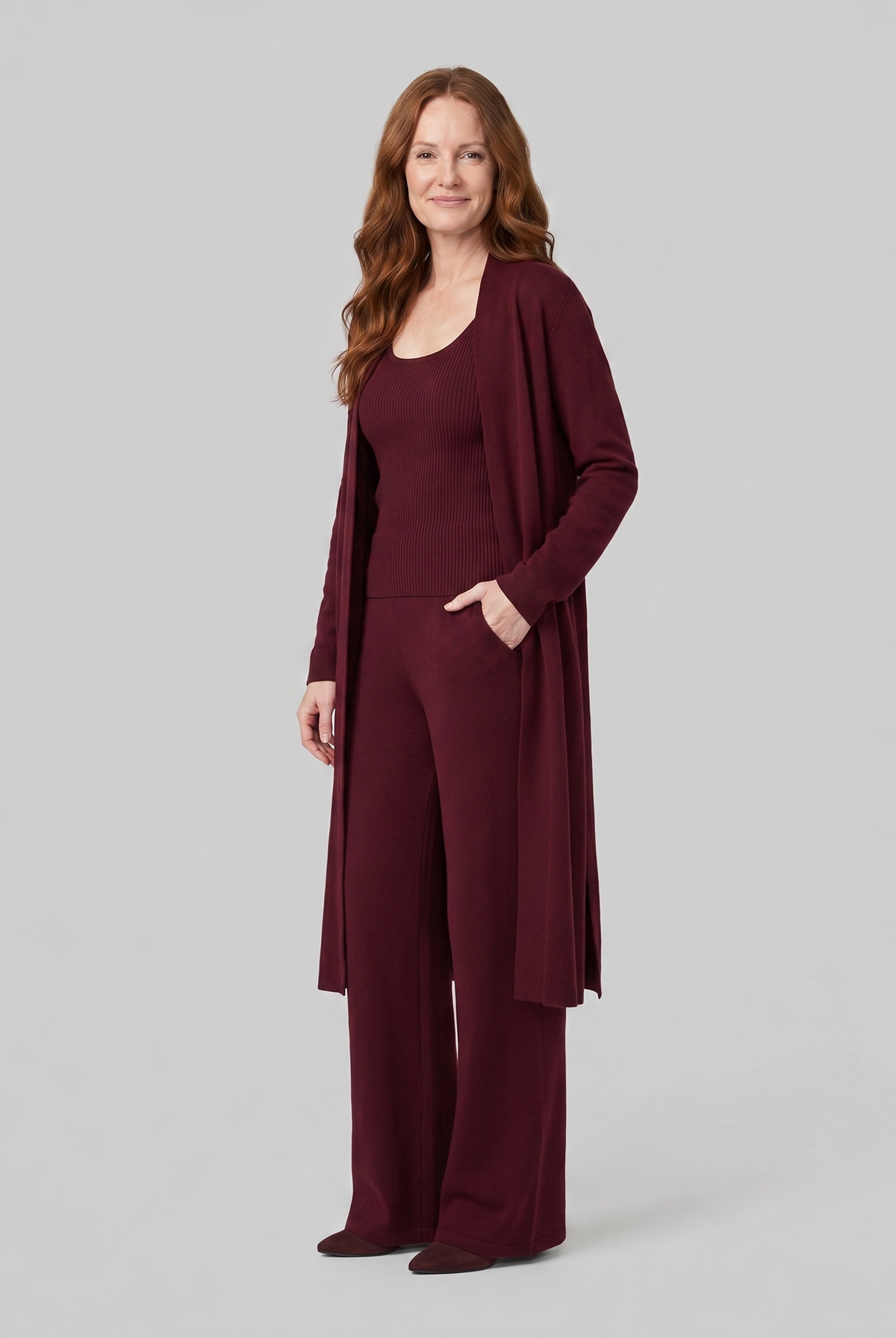 Anouk three-piece ribbed knit lounge set in burgundy on model