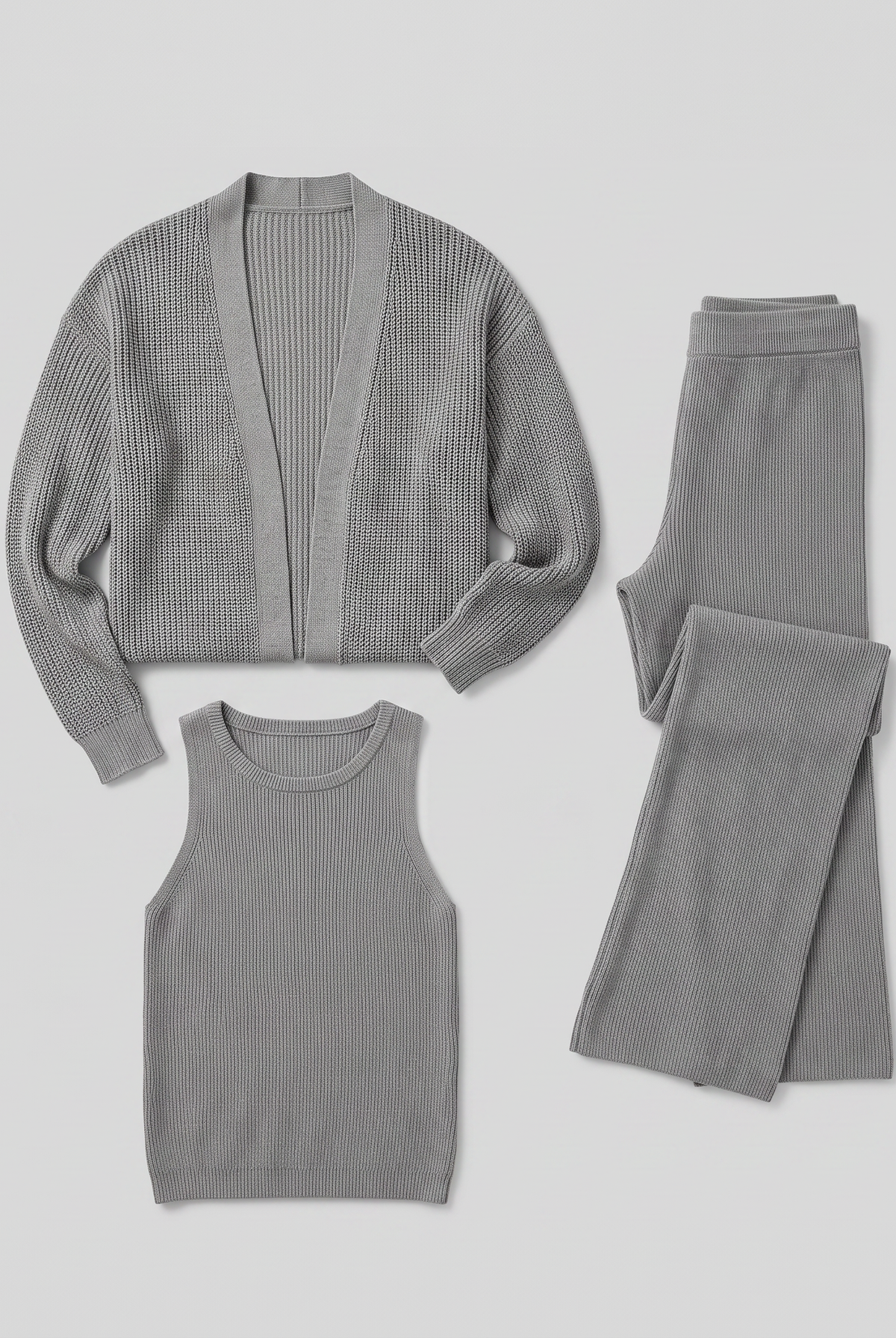 Anouk three-piece ribbed knit lounge set in grey, flat lay product shot