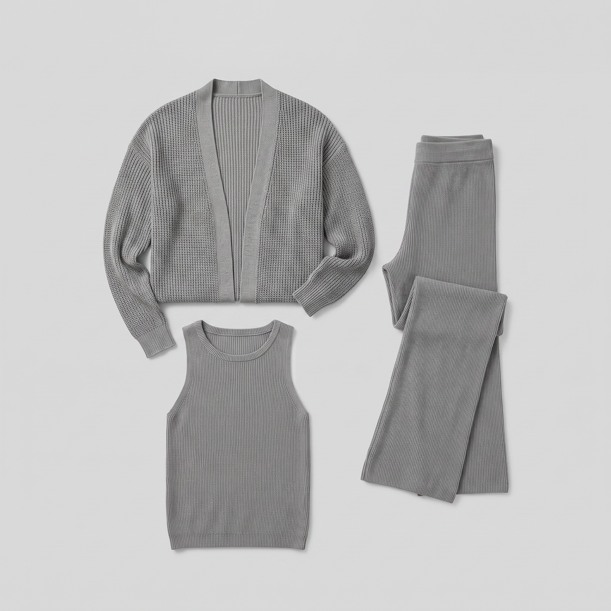 Anouk three-piece ribbed knit lounge set in grey, flat lay product shot