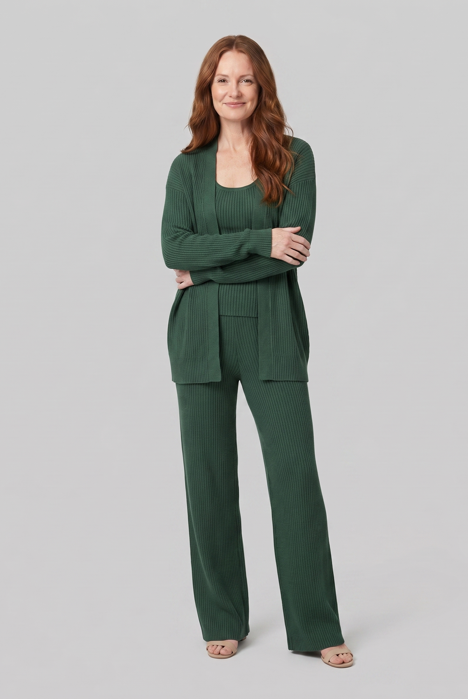 Anouk three-piece ribbed knit lounge set in green on model