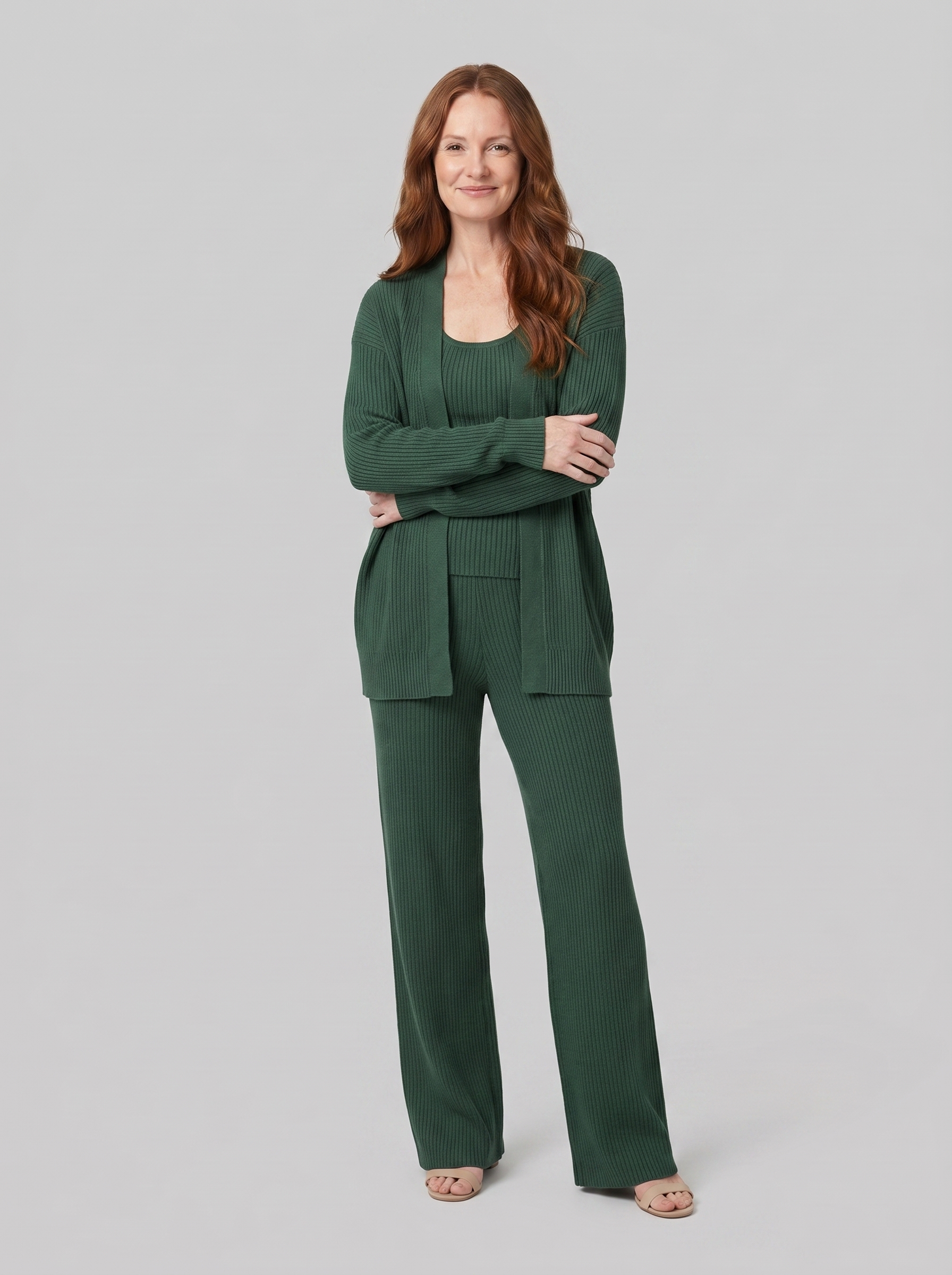 Anouk three-piece ribbed knit lounge set in green on model