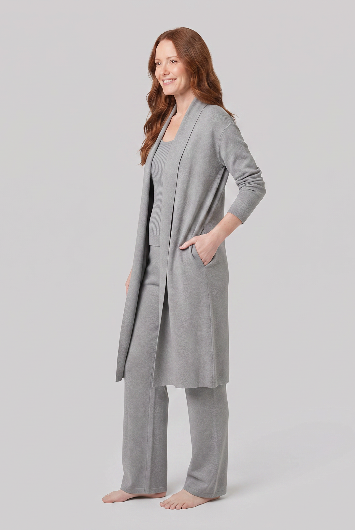 Anouk three-piece knit lounge set in grey, side view on model