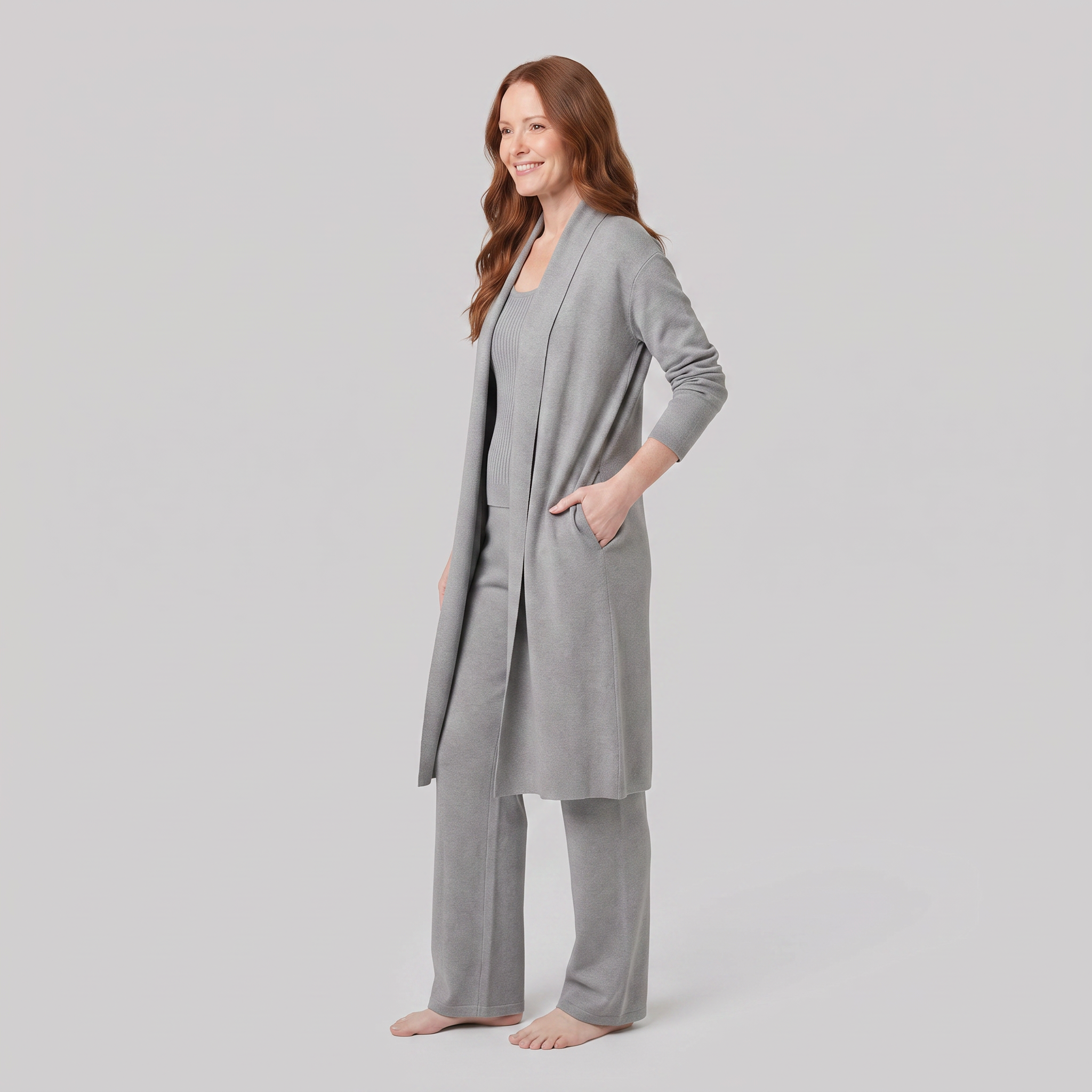 Anouk three-piece knit lounge set in grey, side view on model