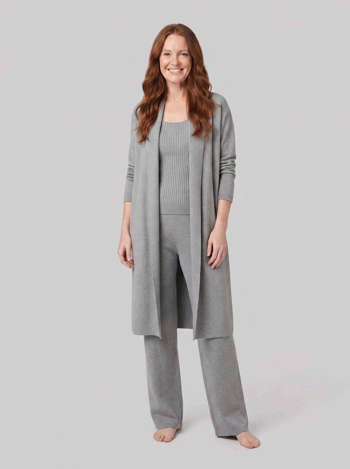 Anouk three-piece ribbed knit lounge set in grey on model