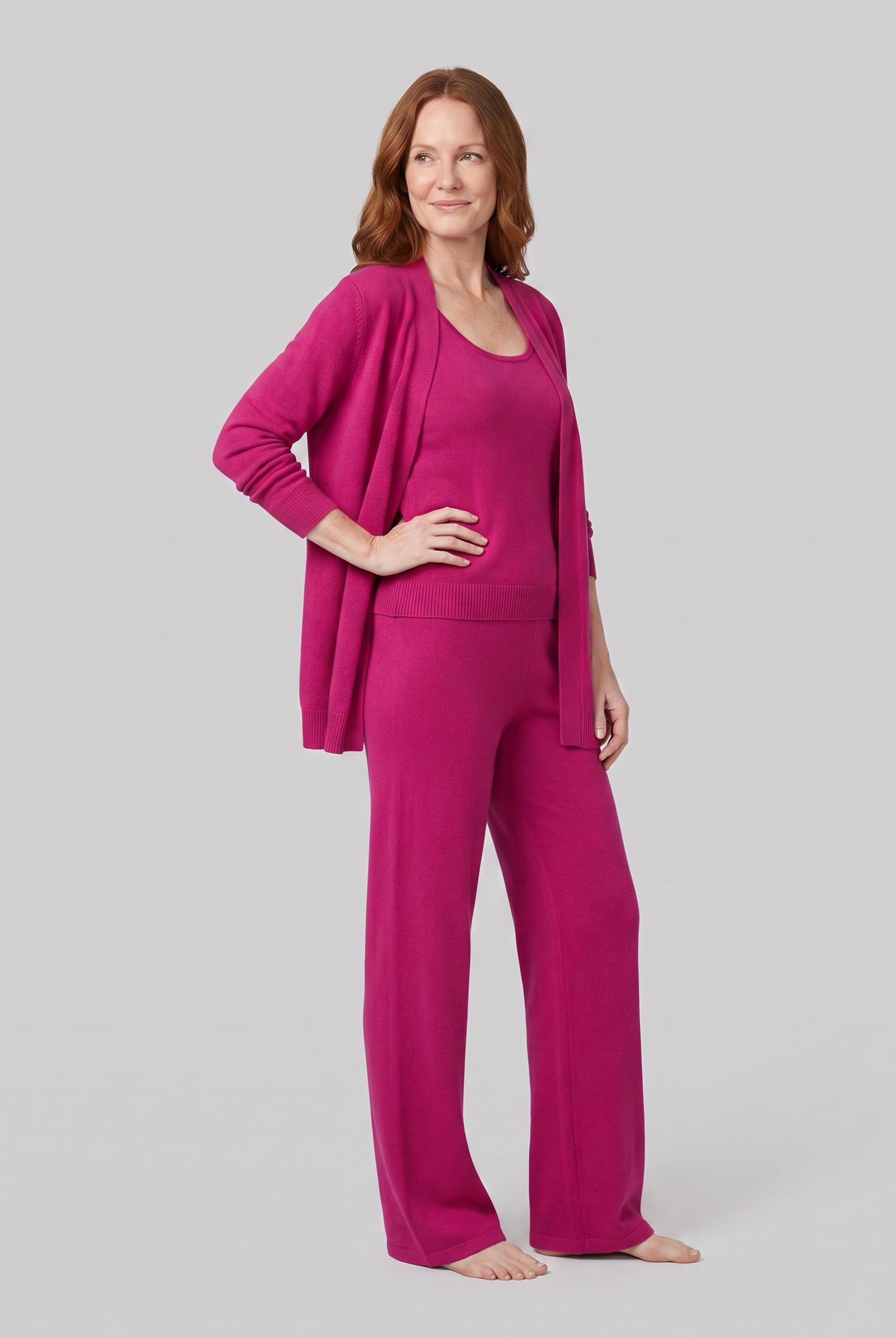 Anouk three-piece ribbed knit lounge set in magenta on model