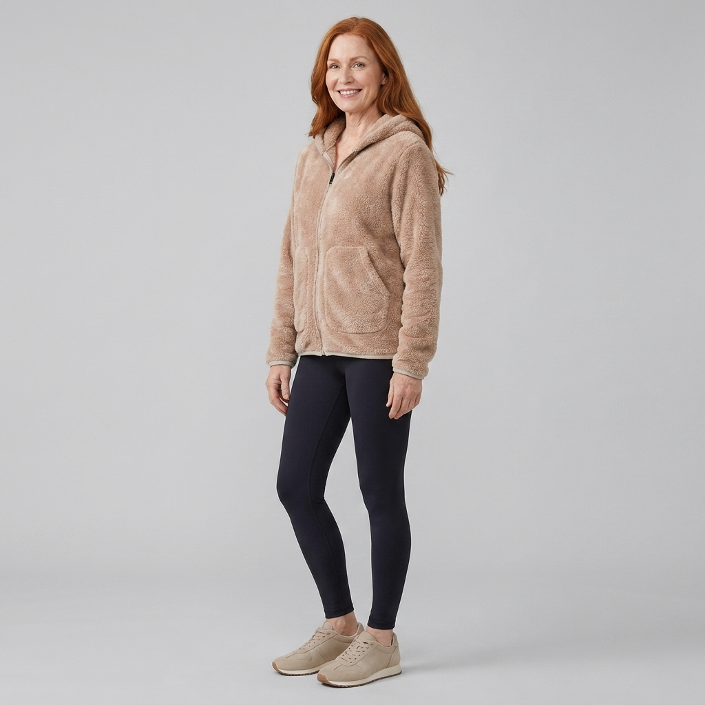 Arden hooded plush fleece jacket in beige on model