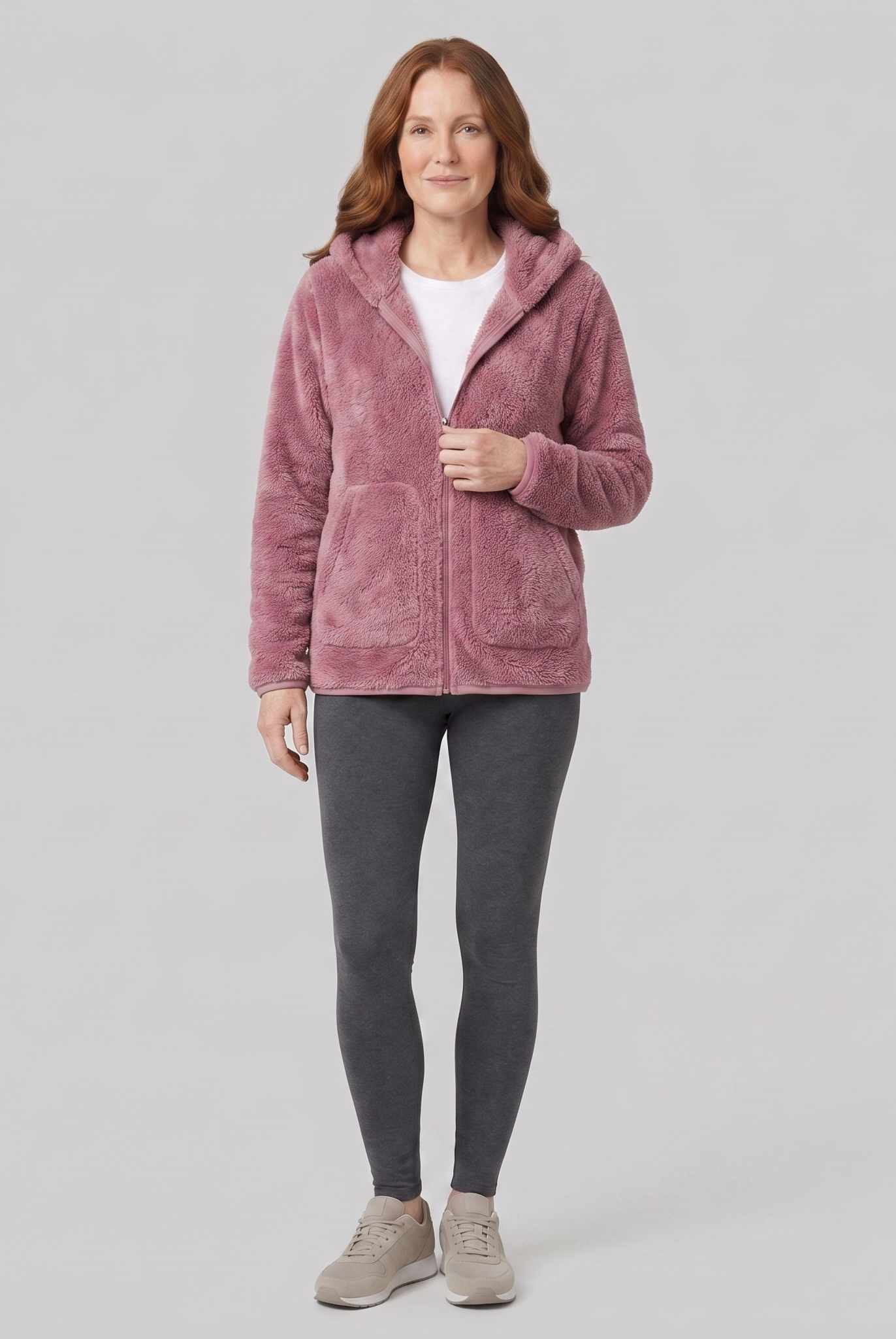 Arden hooded plush fleece jacket in dusty pink on model