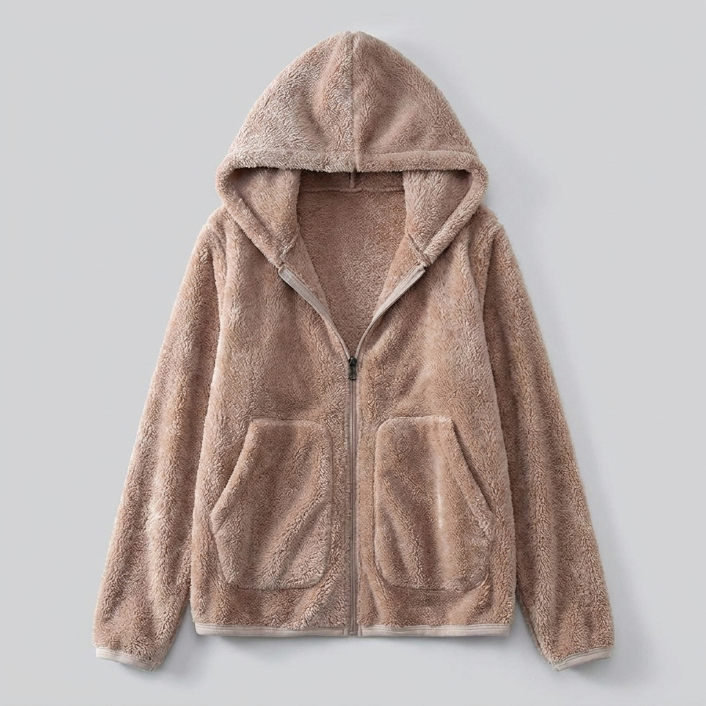 Arden hooded plush fleece jacket in beige, flat lay product shot