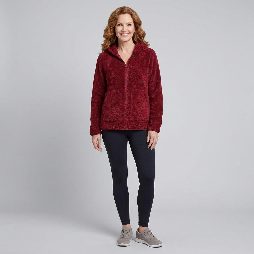 Arden hooded plush fleece jacket in red on model
