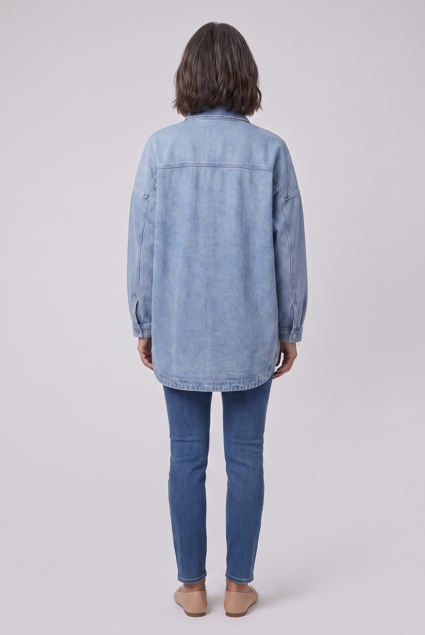 Avery denim shirt jacket in light blue, back view on model