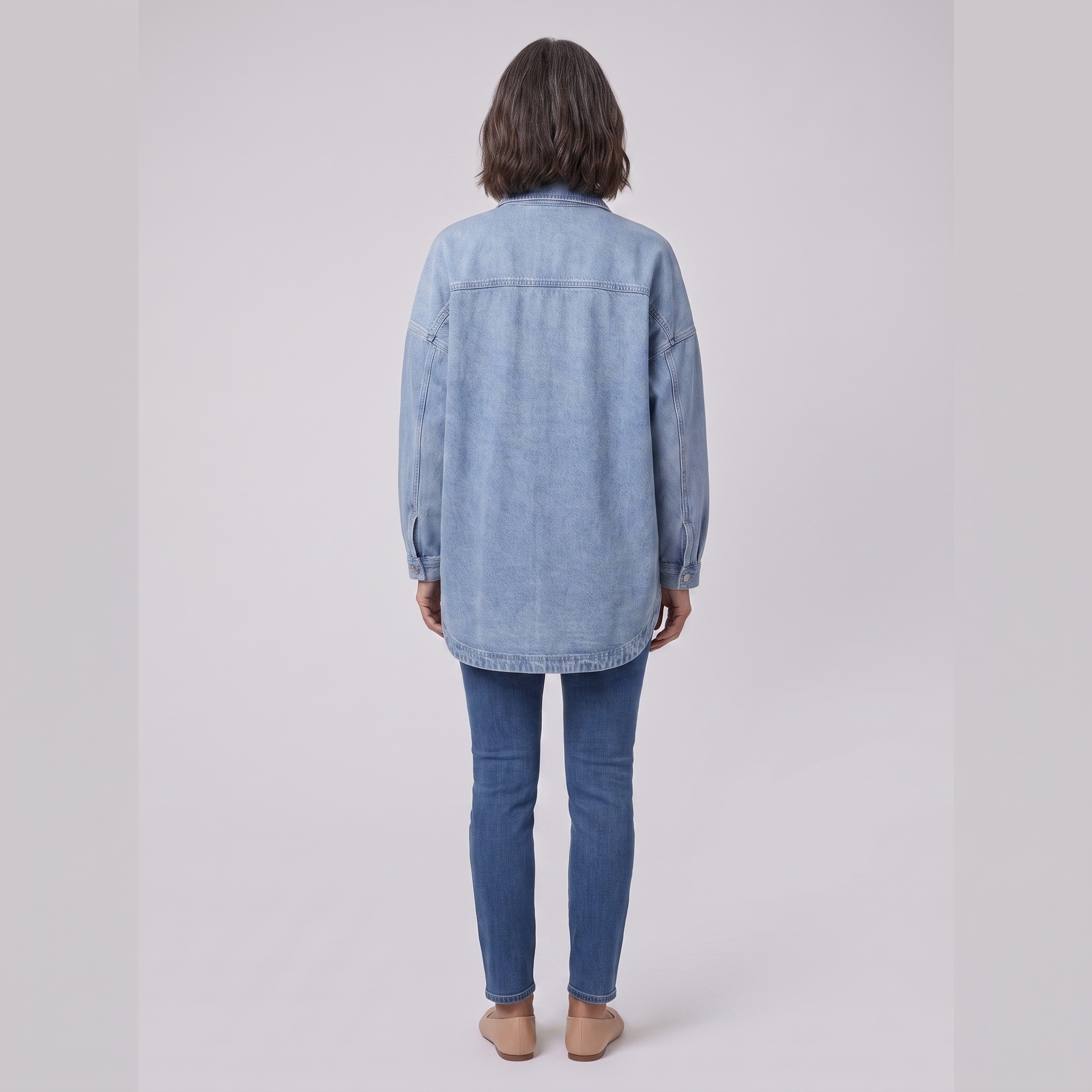 Avery denim shirt jacket in light blue, back view on model