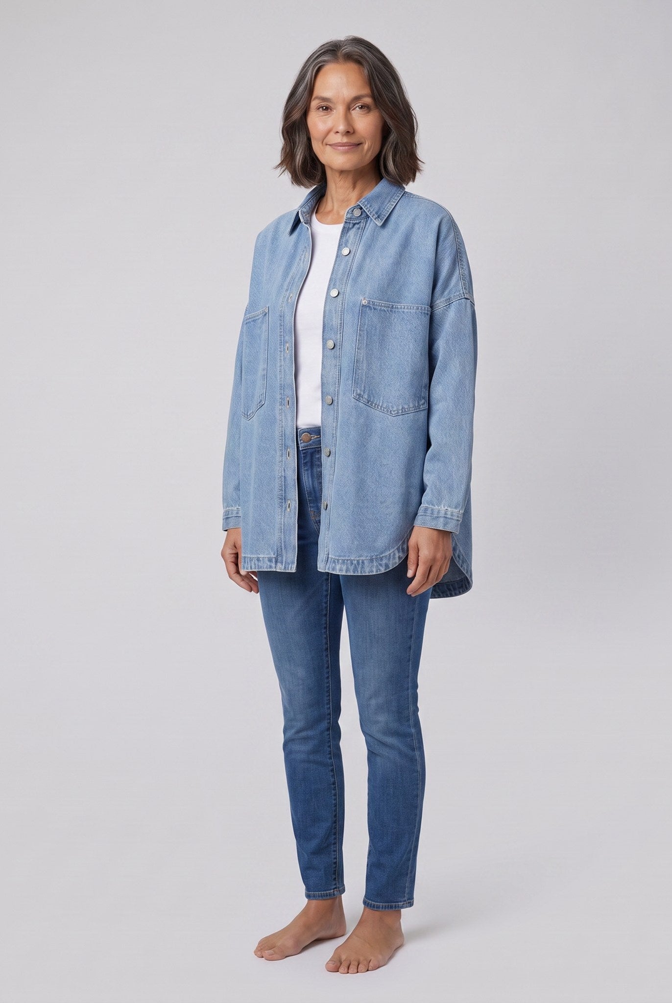 Avery denim shirt jacket in light blue, front view on model