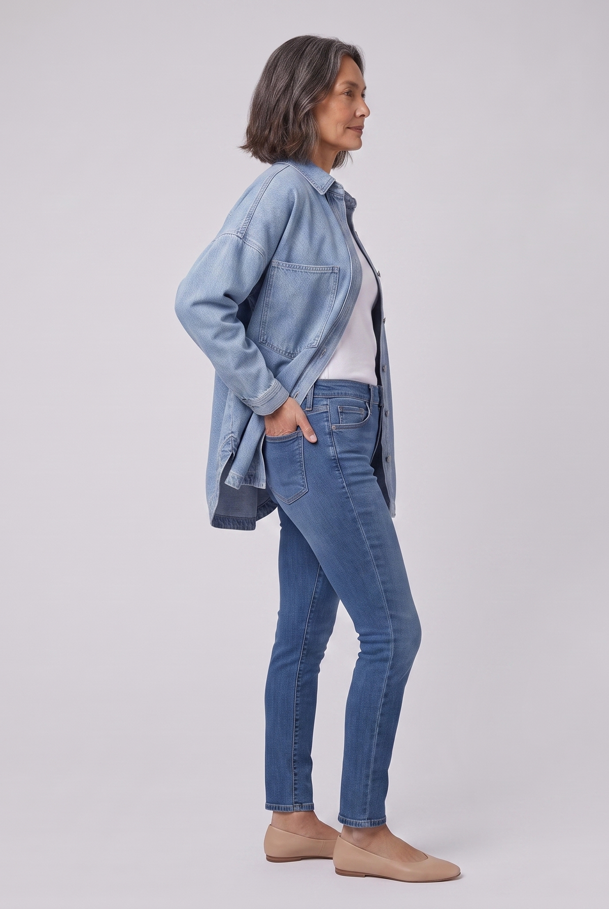 Avery denim shirt jacket in light blue, side view on model