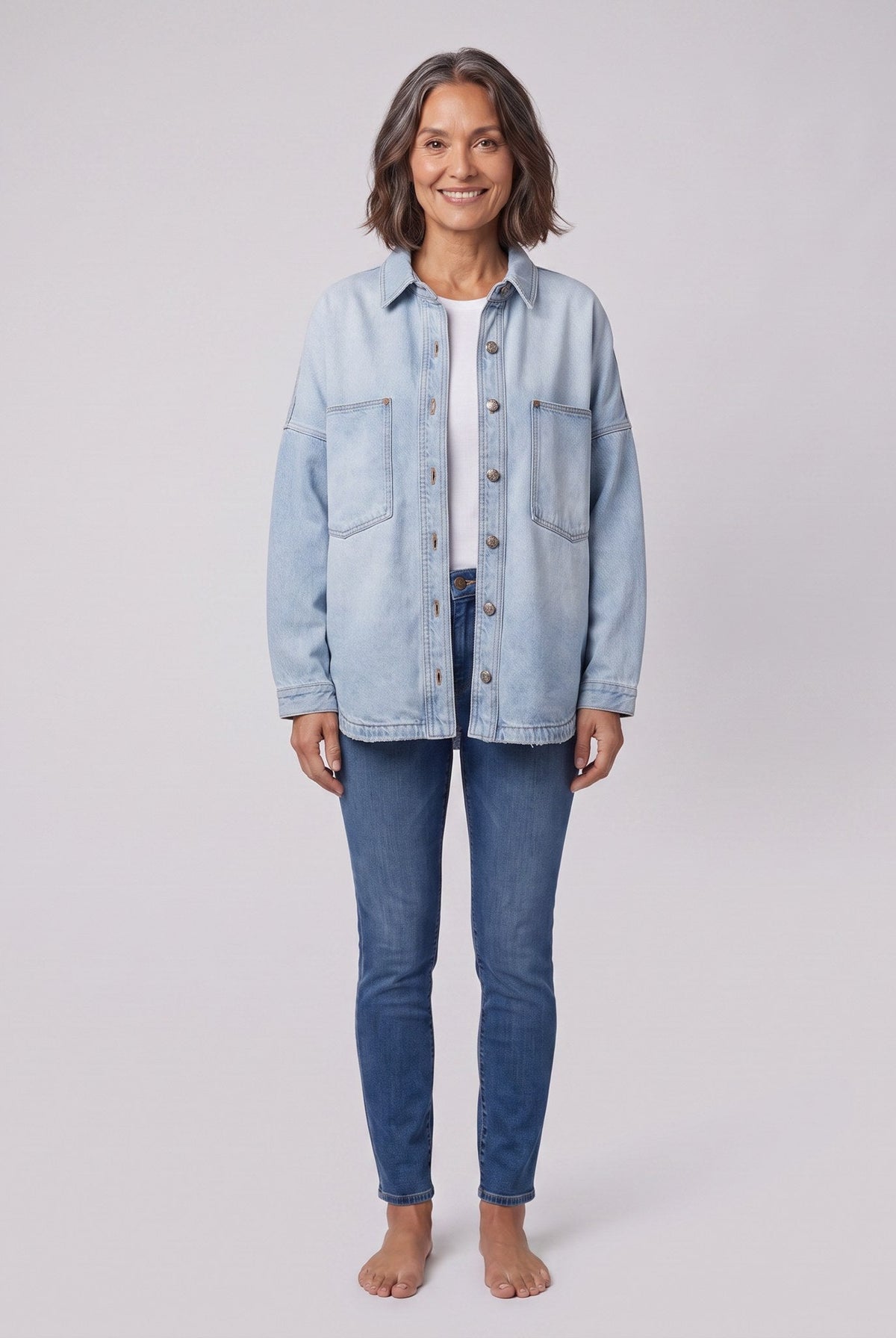 Avery cotton-blend denim shirt jacket in light blue on model