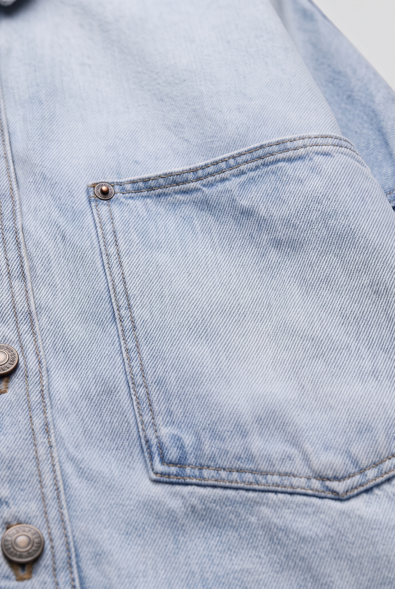Avery denim shirt jacket chest pocket and buttons close-up