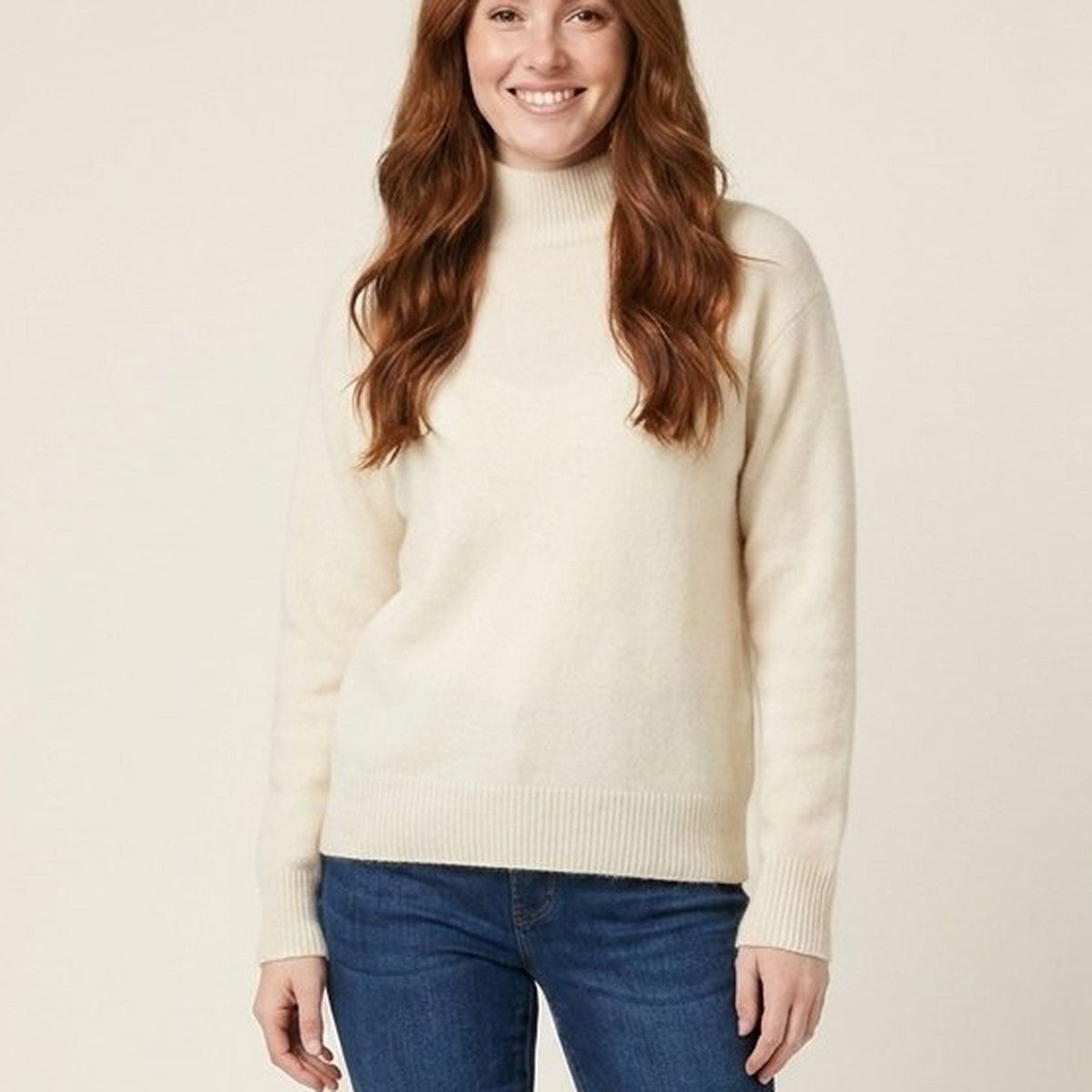 Ribbed funnel neck jumper cream close-up