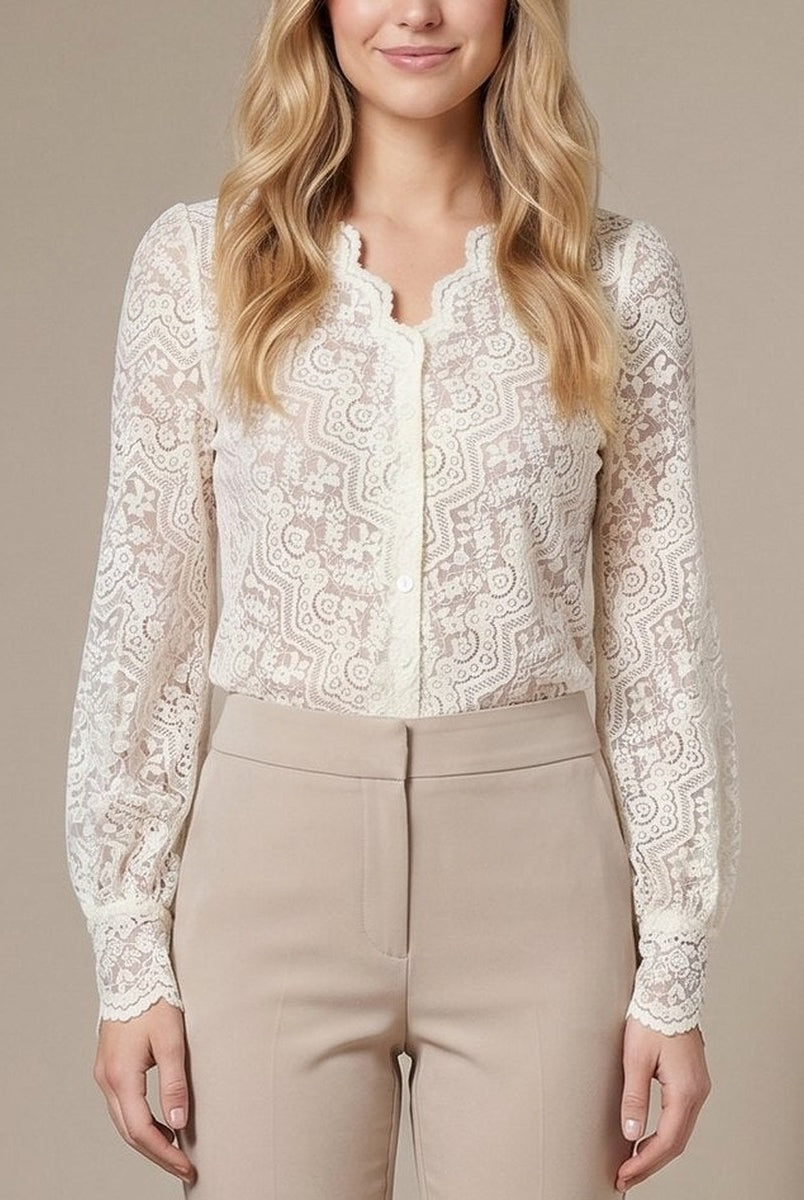 Sheer cream lace shirt button front close-up