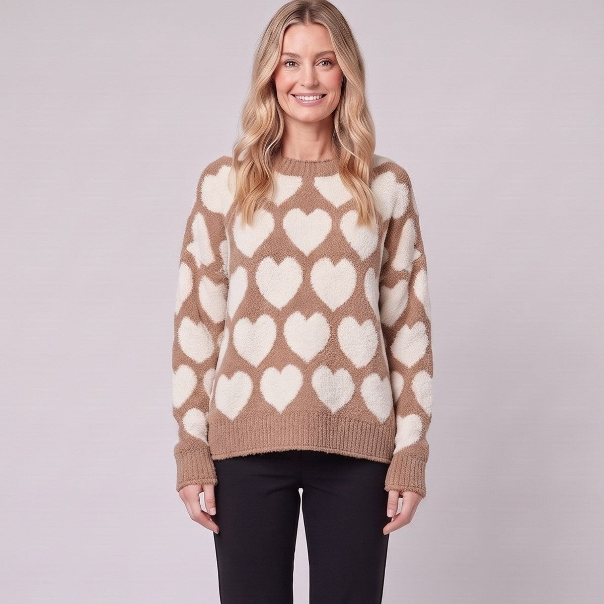 Heart jacquard jumper mocha and cream close-up