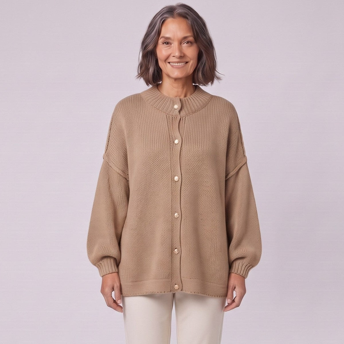 Oversized button-front cardigan camel close-up