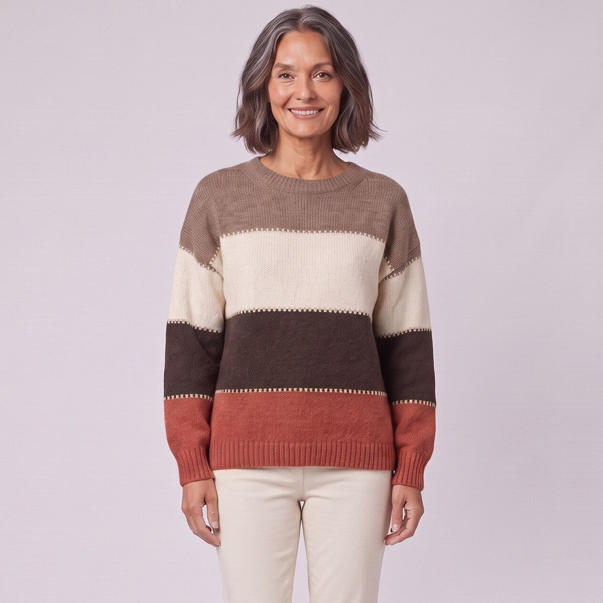 Colour block jumper brown cream rust close-up